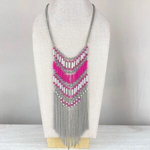 Bib Necklace Silver Tone & Pink Beaded Chain Western Barbie Fringe Y2K Boho